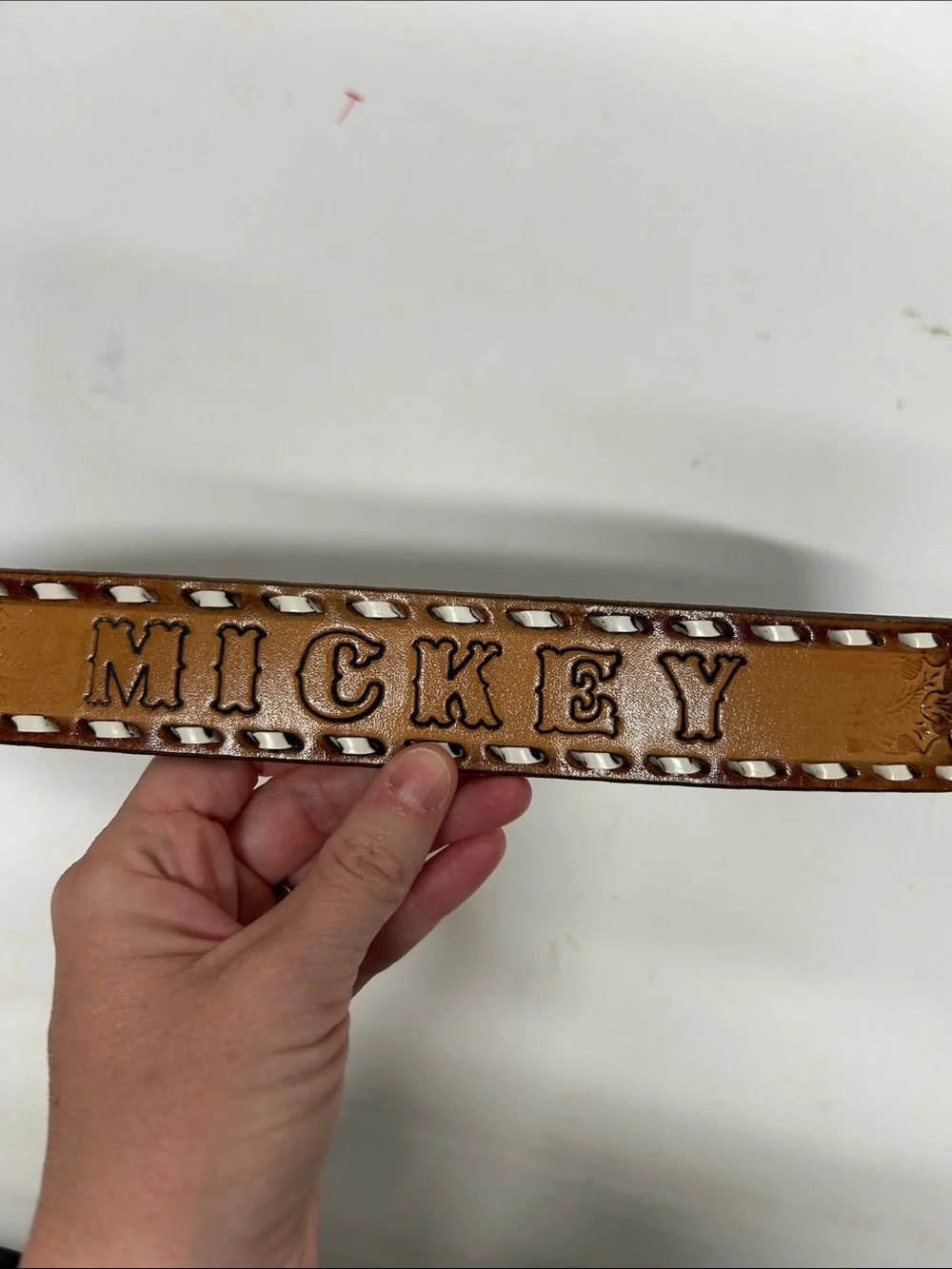 Brown Tooled Leather Fish Buckle Belt 32 Mickey